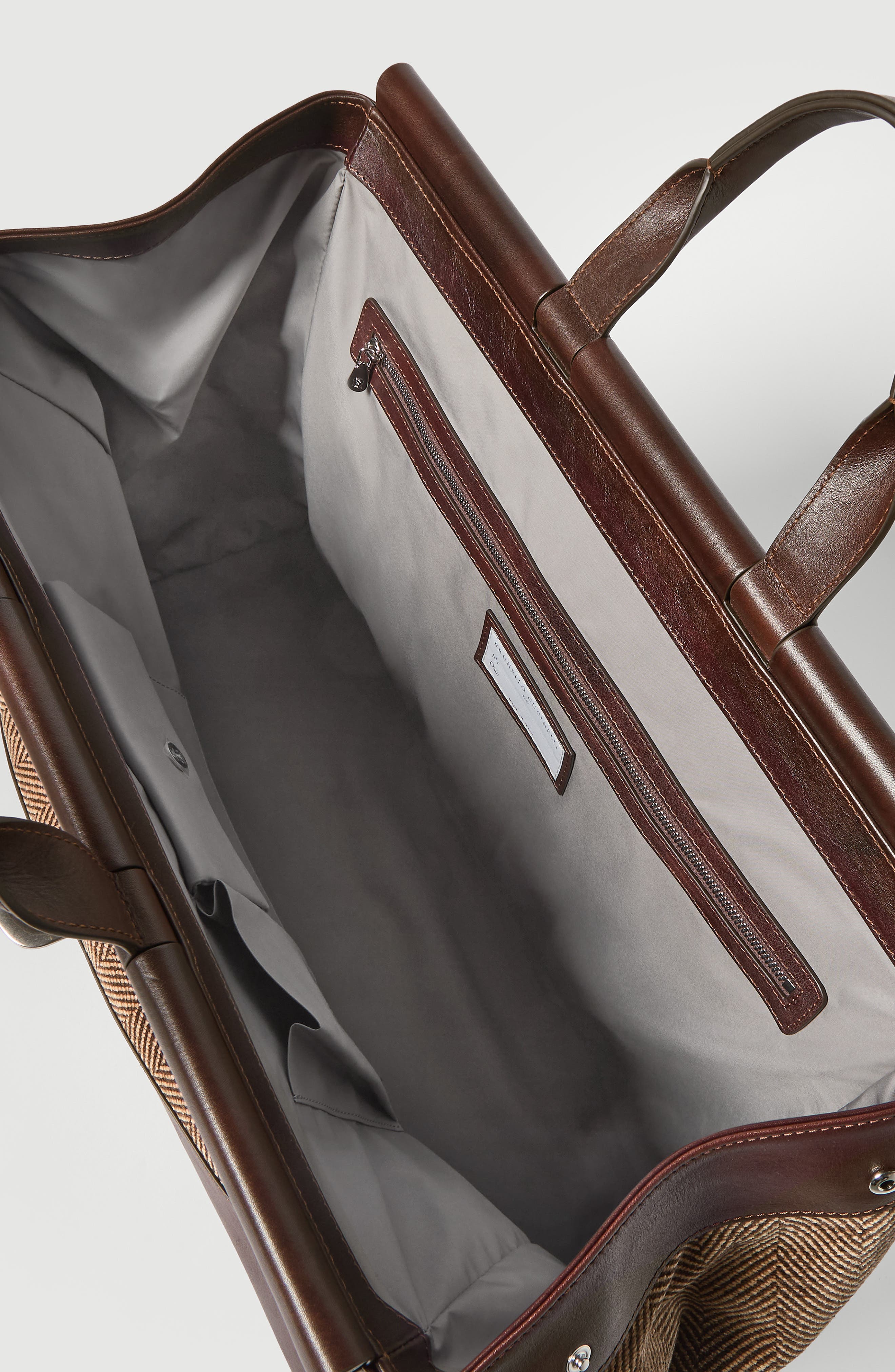 Burnished calfskin and chevron-effect techno fabric doctor bag, Alternate, color, Brown