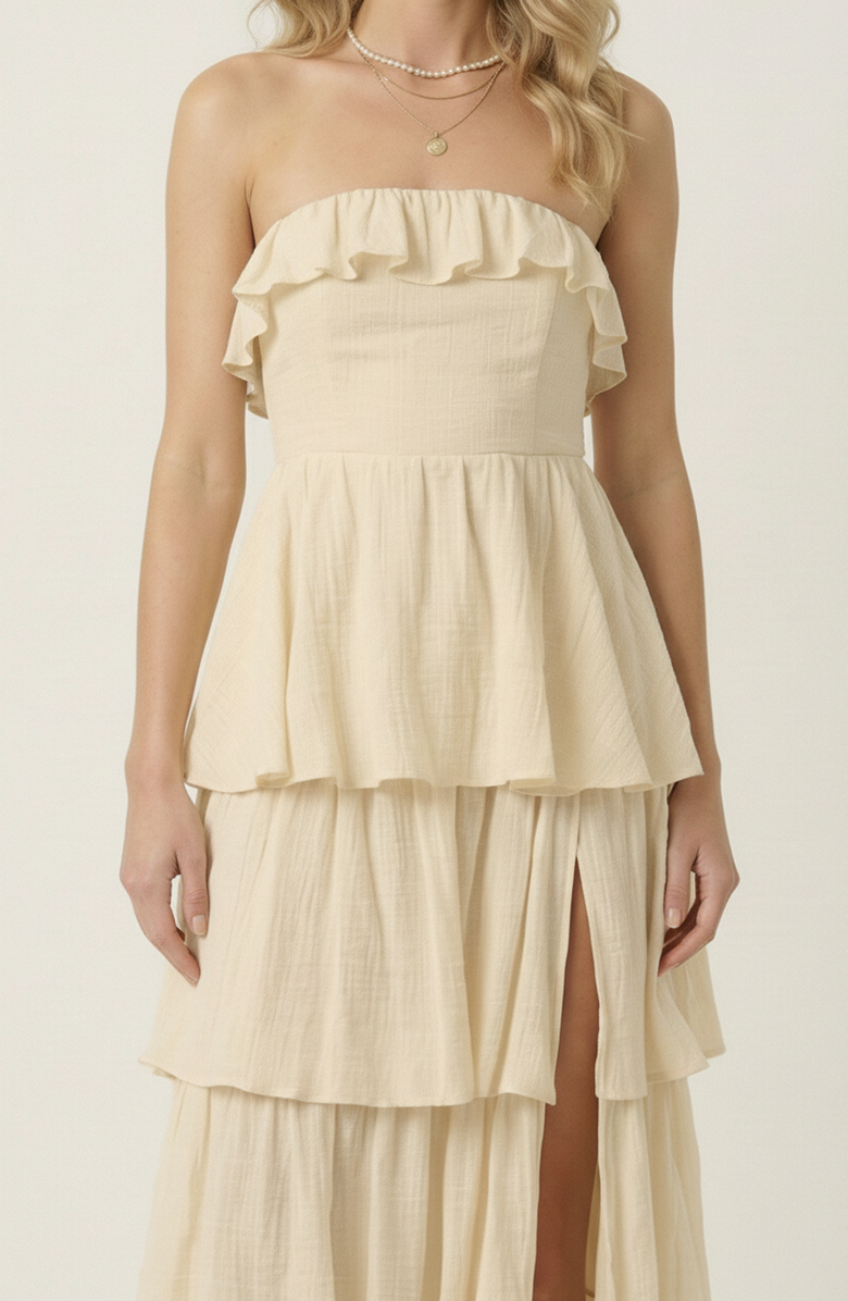 Modenaire Strapless Tiered Ruffle Maxi Dress with High Slit, Alternate, color, Cream