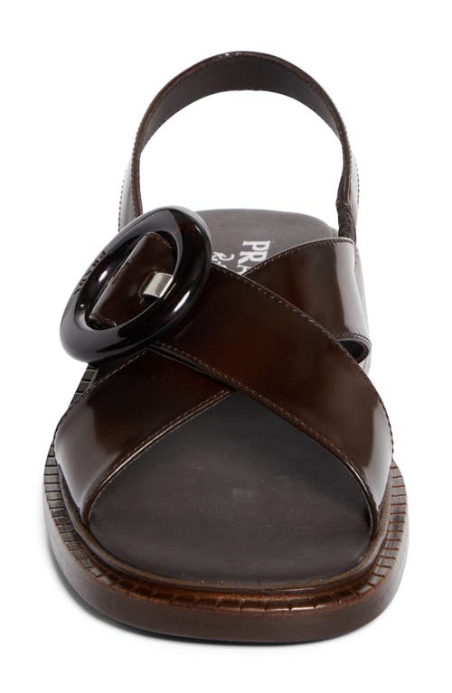 Prada Brushed Leather Crisscross Band Sandals With Plexiglas Buckle In Bruciato
