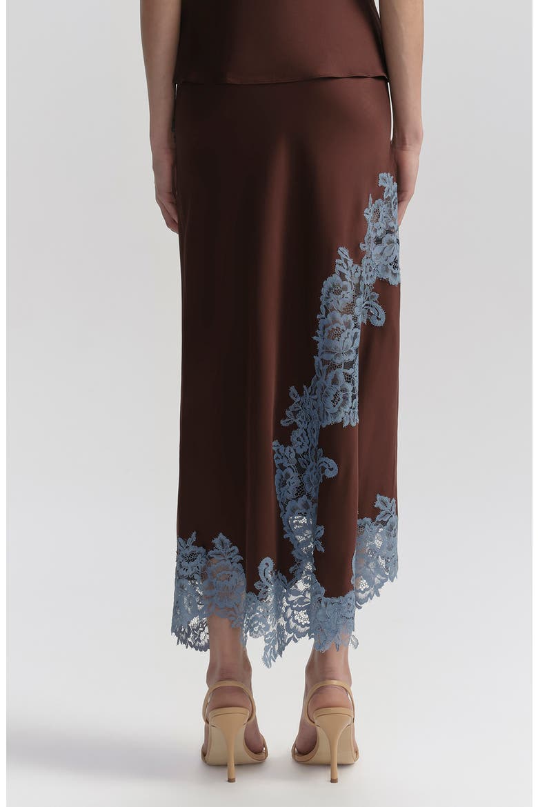 Olivia Lace Trim Asymmetric Satin Maxi Skirt, Alternate, color, GANACHE/ FRENCH BLUE
