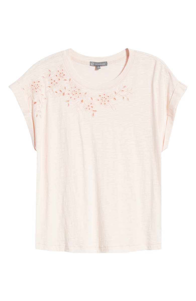 Wit & Wisdom Embroidered Eyelet Cap Sleeve T-Shirt, Alternate, color, Angel Pink