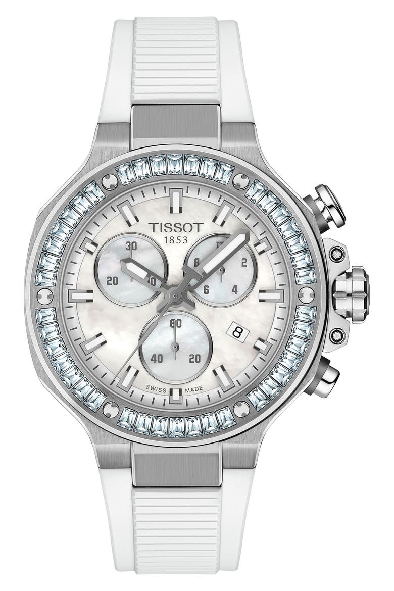 T-Race Chronograph Silicone Strap Watch, 38mm, Main, color, WHITE MOTHER OF PEARL