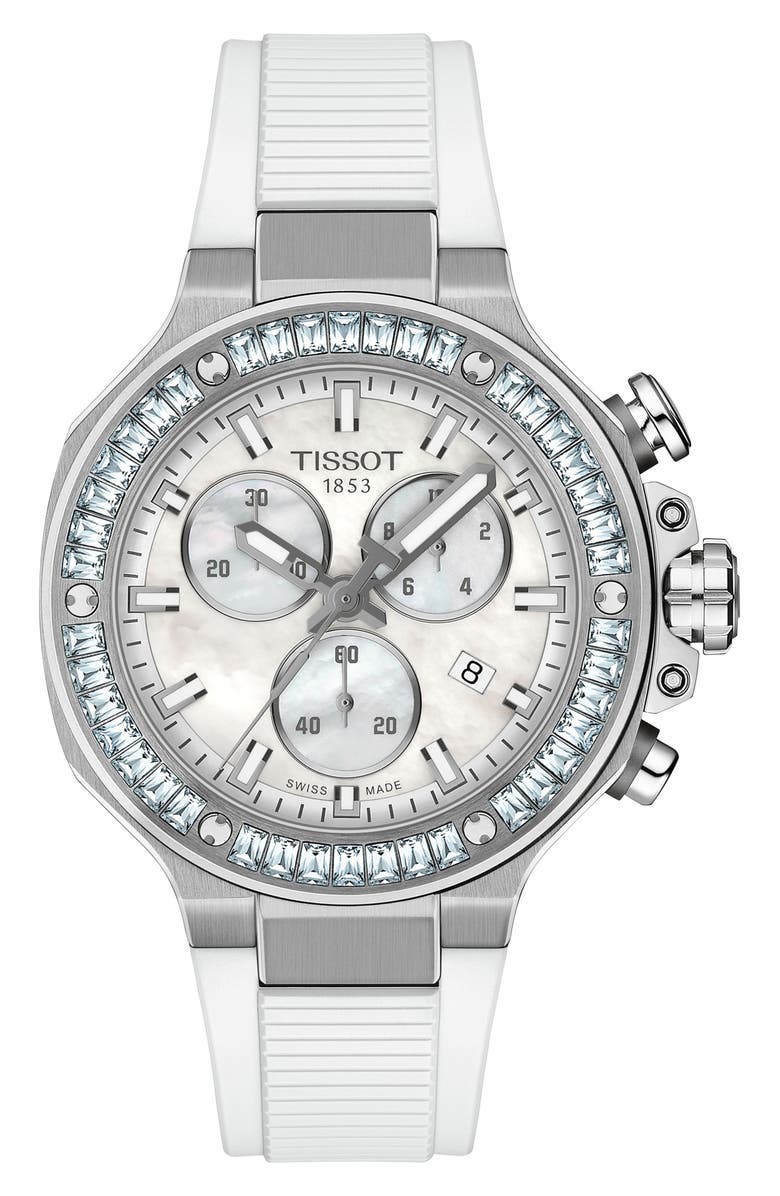 Tissot T-Race Chronograph Silicone Strap Watch, 38mm, Main, color, White Mother Of Pearl
