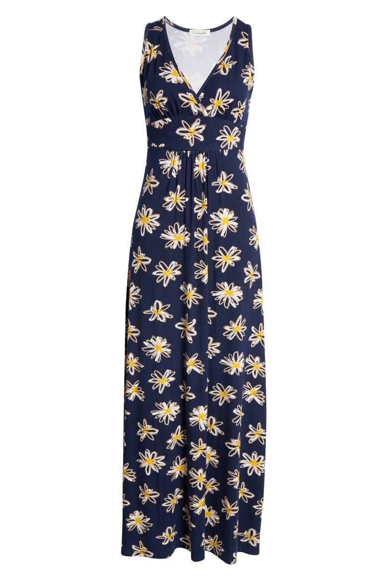 Floral Print Empire Waist Jersey Maxi Dress, Alternate, color, NAVY YELLOW