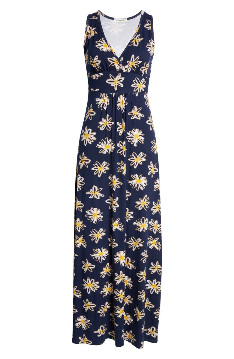 Loveappella Floral Print Empire Waist Jersey Maxi Dress, Alternate, color, Navy Yellow