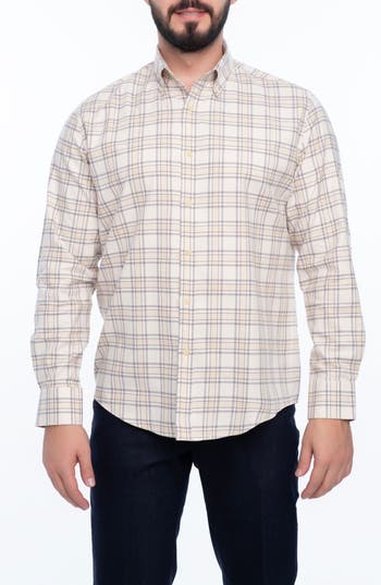 Vellapais Check Cotton Slim Fit Button Down Shirt In Beige