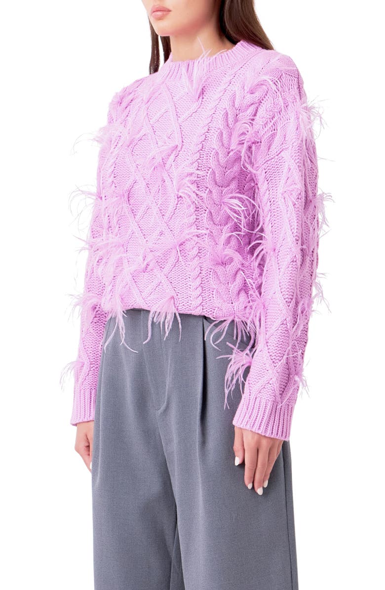 Endless Rose Feather Trim Cable Knit Sweater, Alternate, color, Lilac