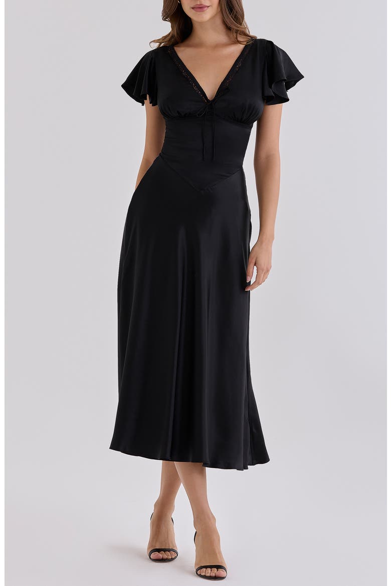 Ravella Silk V-Neck Midi Dress, Main, color, BLACK