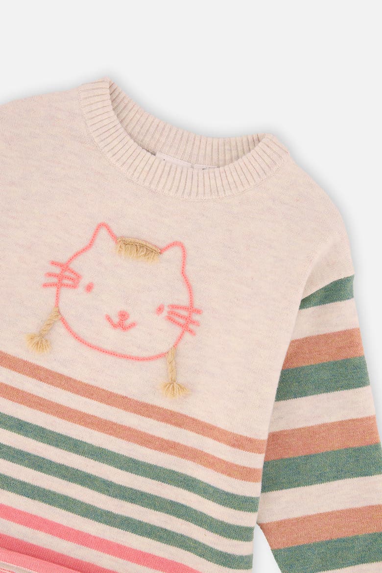Knitted Stripe Sleeve Cat Appliqué Sweater, Alternate, color, Off-White