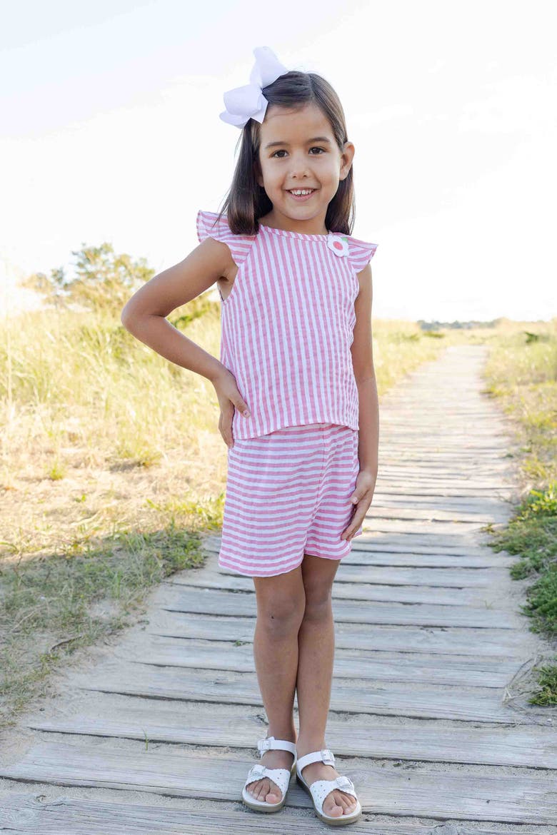 Stripe Gauze Top And Shorts, Alternate, color, Coral/White