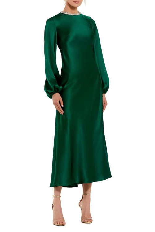 Mac Duggal Petite Crystal Embellished High Neck Satin Dress in Emerald at Nordstrom, Size 8