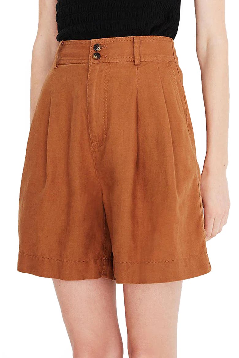 Long Pleated Linen Shorts, Main, color, WARM HICKORY