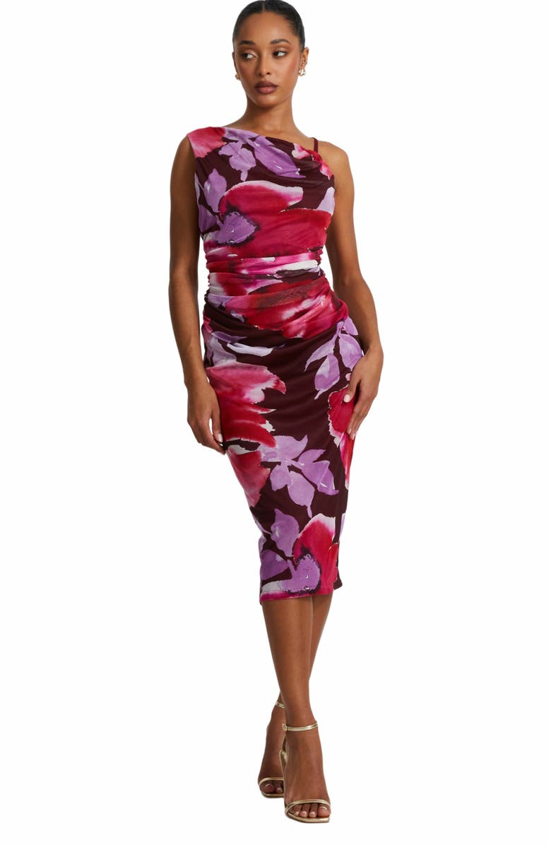 QUIZ Floral Asymmetric Ruched Maxi Dress, Main, color, Berry