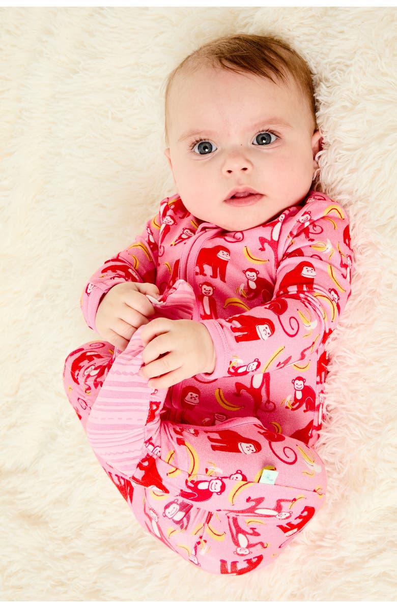 Clover Baby & Kids Soft & Stretchy Zipper Footie - Monkeying Around Pink, Alternate, color, Monkeying Around Pink
