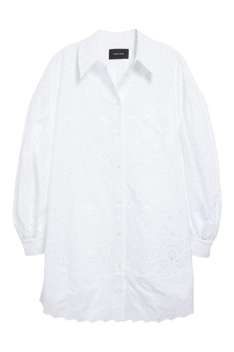 Broderie Anglaise Long Sleeve Mini Shirtdress, Alternate, color, WHITE/ WHITE