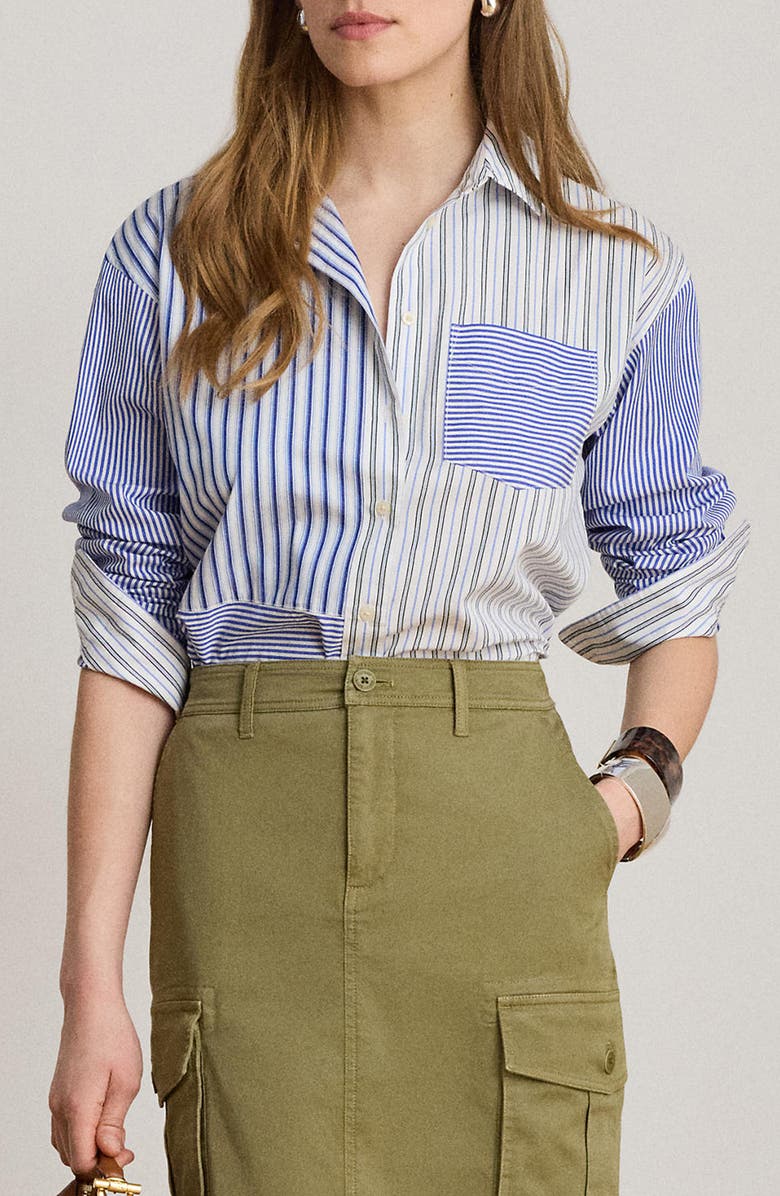 Lauren Ralph Lauren Mixed Stripe Cotton Button-Up Shirt, Main, color, Blue/ White Multi