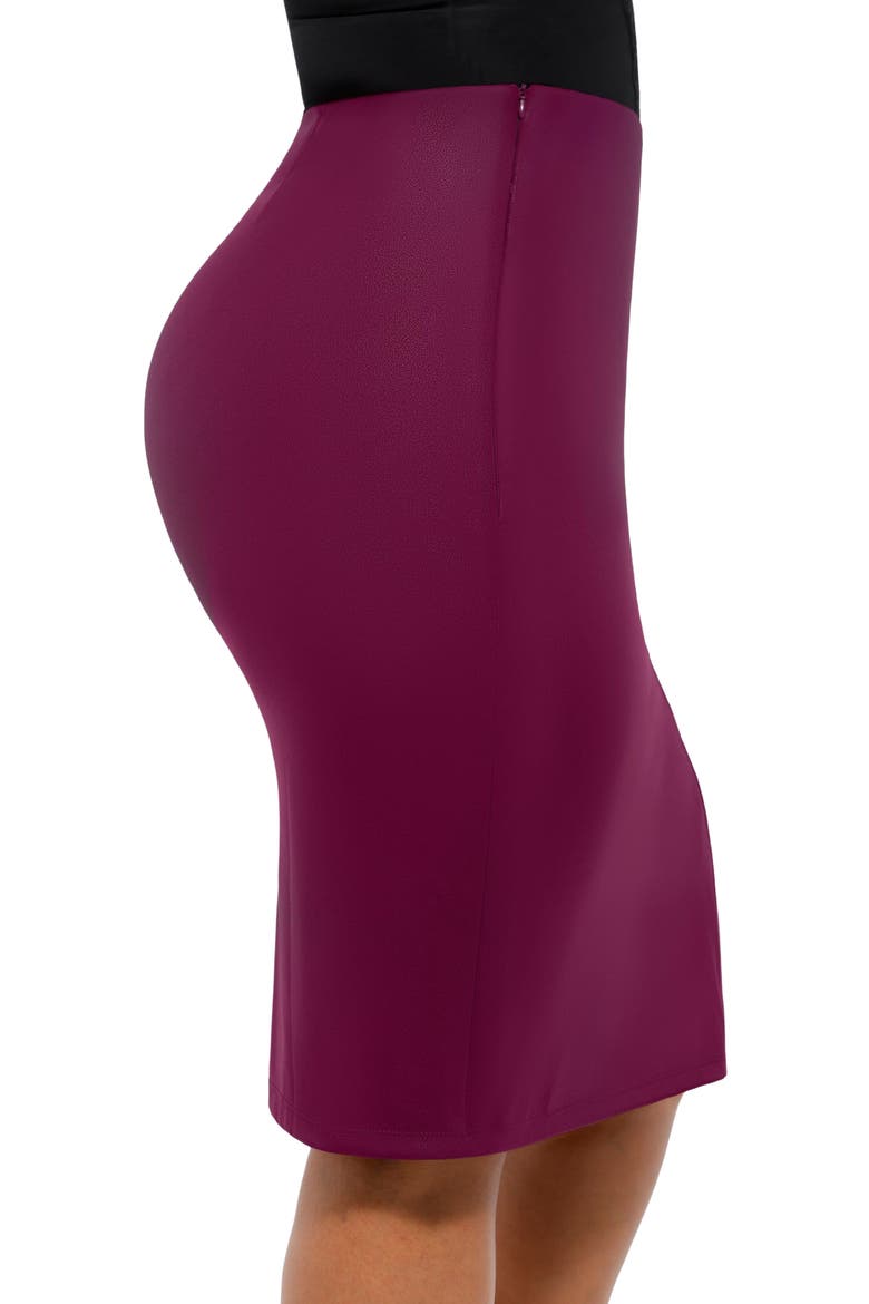 Shapewear Sculpting Faux Leather Front Slit Midi Skirt, Alternate, color, Plum