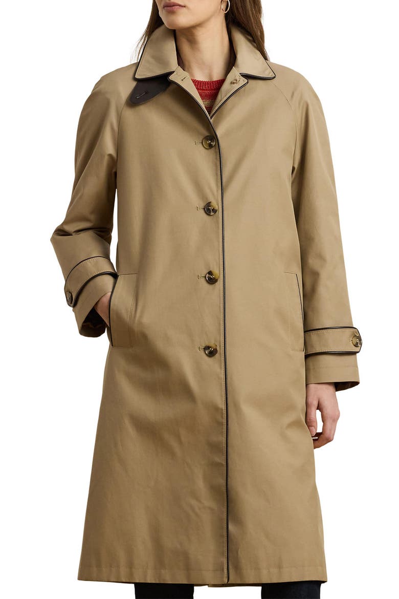 Balmacaan Single Breasted Raincoat with Faux Leather Trim, Main, color, SAND