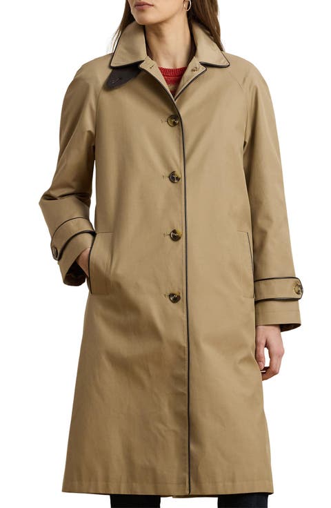 Balmacaan Single Breasted Raincoat with Faux Leather Trim
