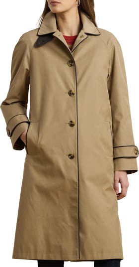 Balmacaan Single Breasted Raincoat with Faux Leather Trim