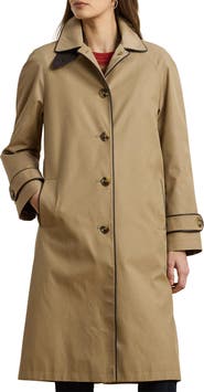 Lauren Ralph Lauren Balmacaan Single Breasted Raincoat with Faux Leather Trim
