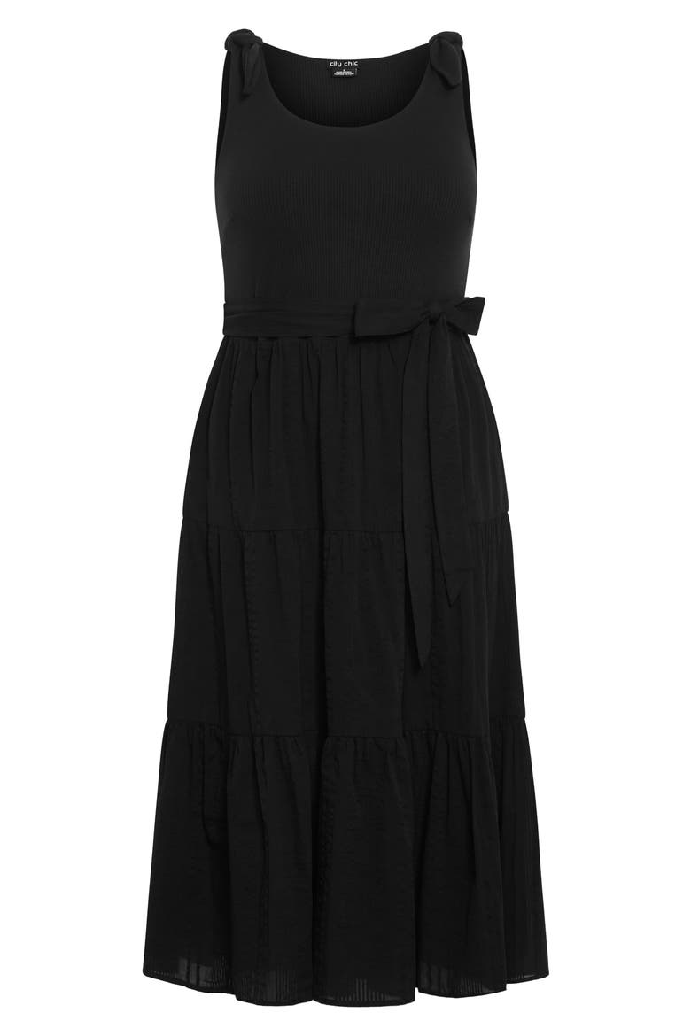 Hallie Mixed Media Tiered Midi Dress, Alternate, color, BLACK