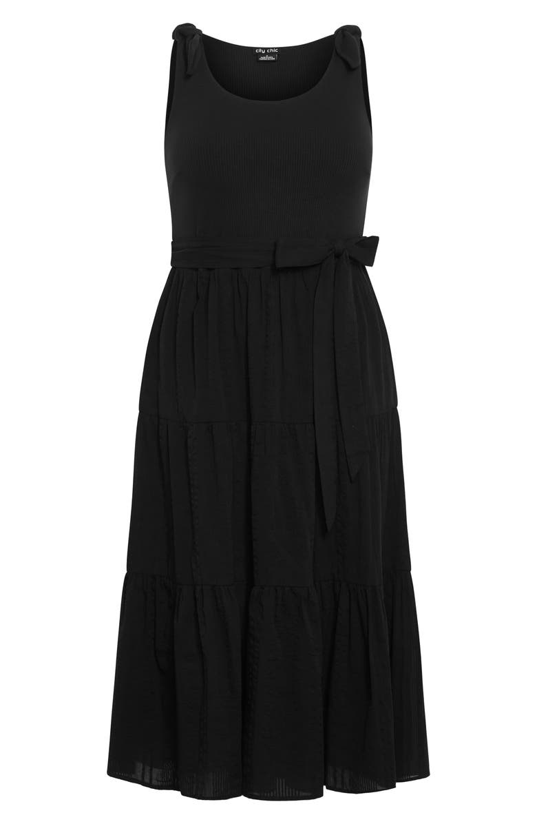 City Chic Hallie Mixed Media Tiered Midi Dress, Alternate, color, Black