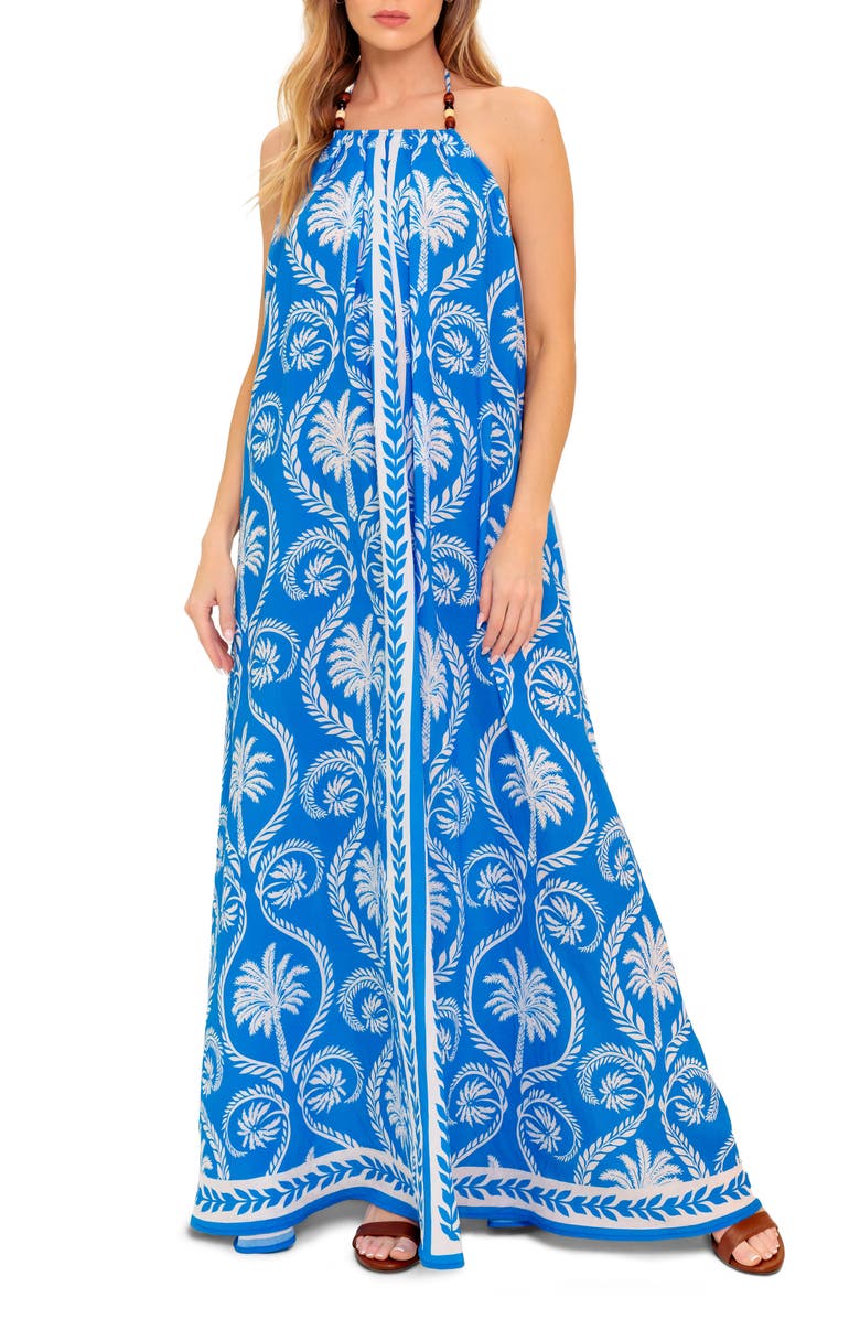 FLYING TOMATO Tropical Print Halter Maxi Dress, Main, color, Blue/ White