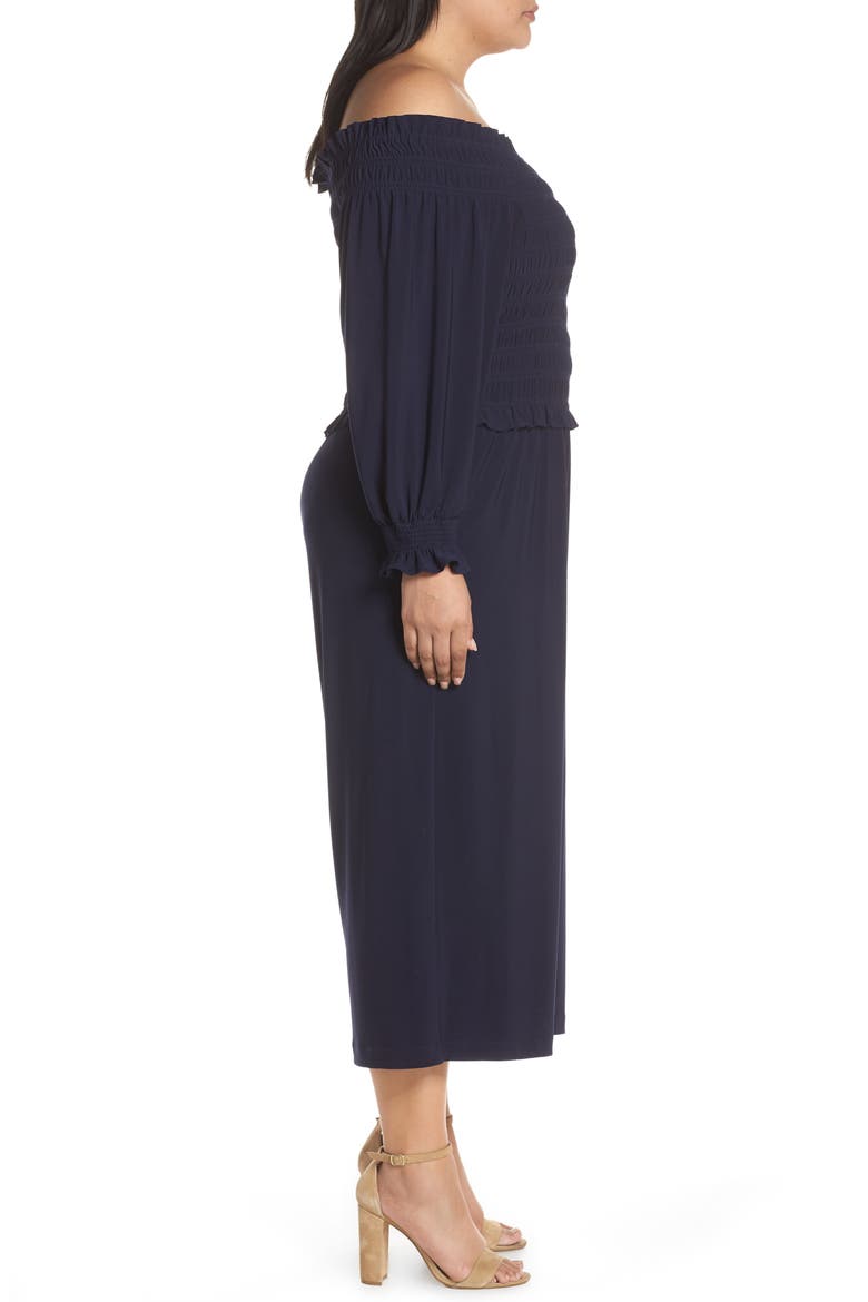 Long Sleeve Off the Shoulder Smocked Jumpsuit, Alternate, color, NAVY