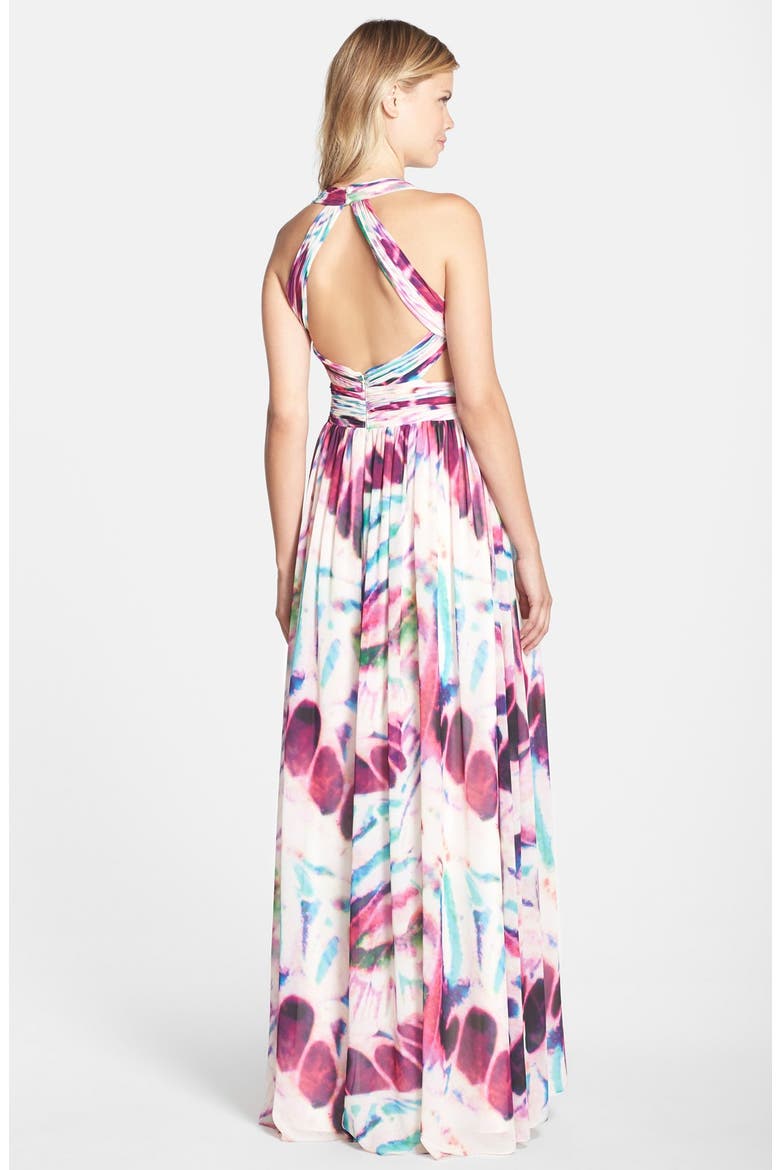 Print Chiffon Open Back Gown, Alternate, color, PINK MULTI