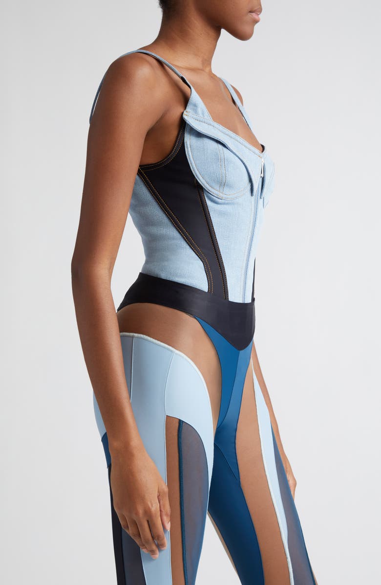 MUGLER Stretch Denim & Jersey Corset Bodysuit, Alternate, color, 