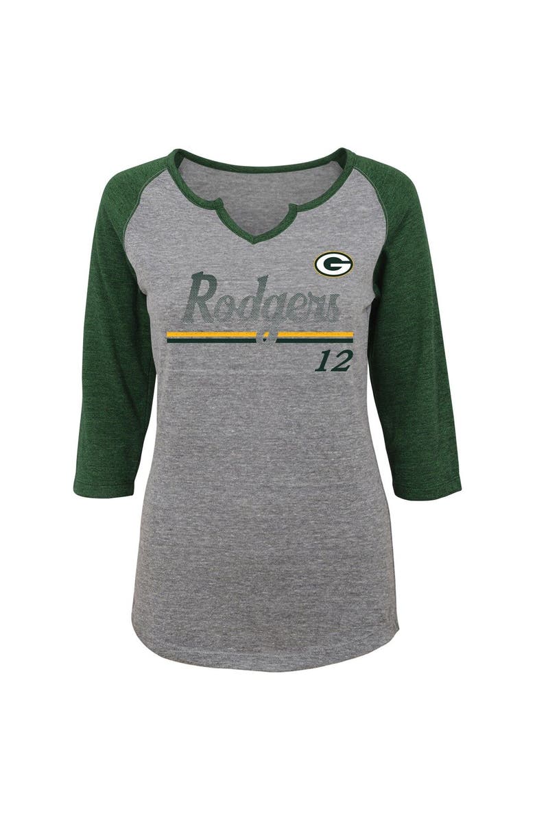 Outerstuff Women's Juniors Aaron Rodgers Heathered Gray/Green Green Bay Packers Over the Line Player Name & Number Tri-Blend 3/4-Sleeve V-Notch T-Shirt, Main, color, Heather Gray