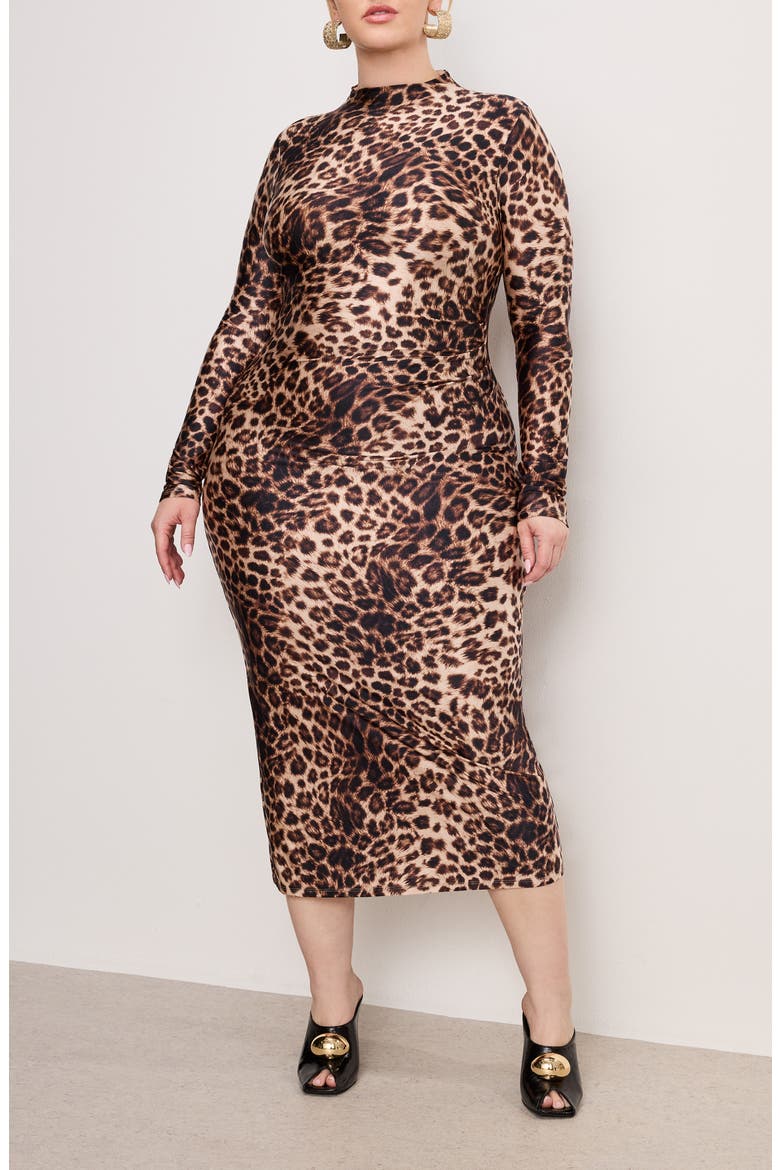 Funnel Neck Long Sleeve Body-Con Midi Dress, Alternate, color, FIERCE LEOPARD001