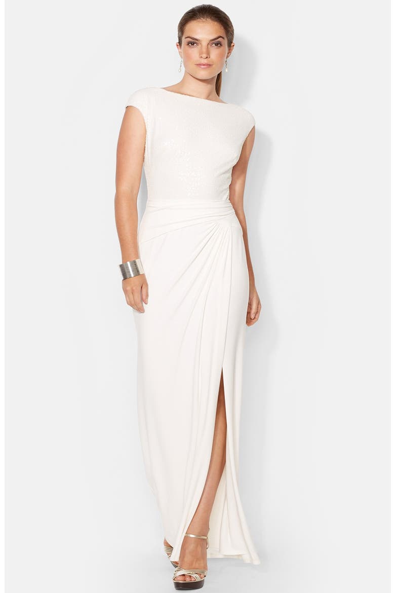 Sequin Jersey Gown, Main, color, LAUREN WHITE
