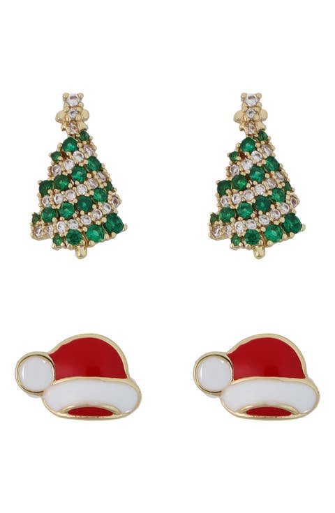 Set of 2 Christmas Tree & Santa Hat Stud Earrings