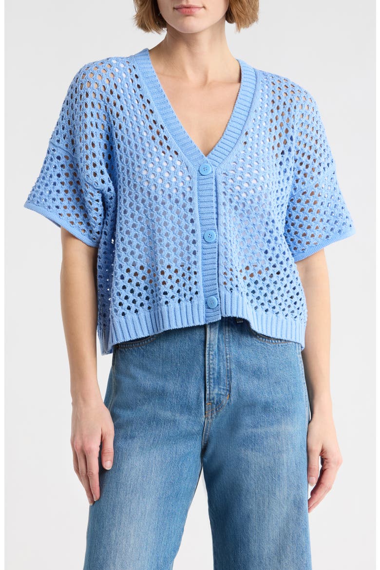 Nina Pointelle Short Sleeve Cardigan, Main, color, STEEL BLUE