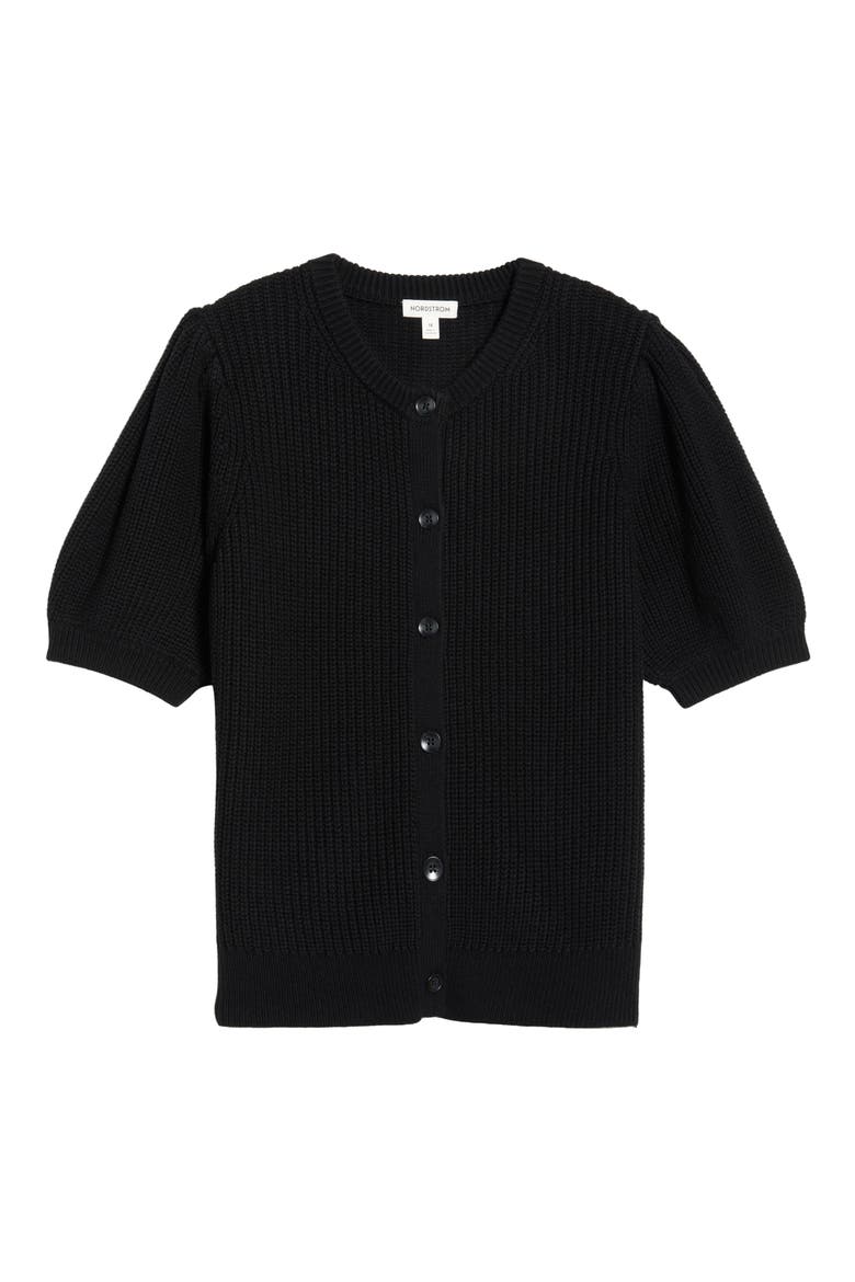 Puff Sleeve Cotton & Merino Wool Cardigan, Alternate, color, BLACK