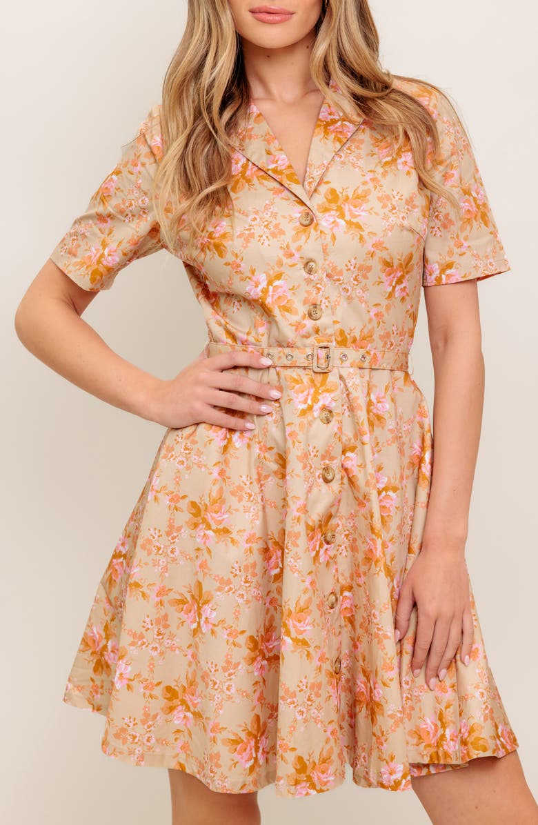 FLYING TOMATO Floral Short Sleeve Fit & Flare Shirtdress, Alternate, color, Taupe