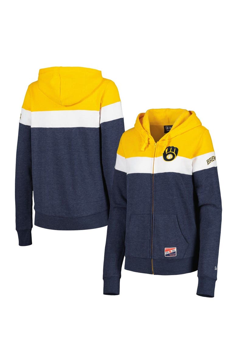 New Era Women's New Era Heather Navy Milwaukee Brewers Colorblock Full-Zip Hoodie Jacket, Main, color, Heather Navy