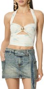 AFRM Kirrily Ruched Embellished Cutout Crop Halter Top