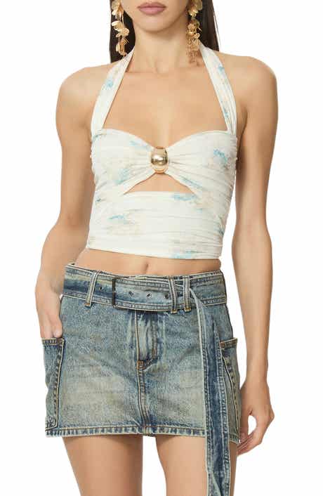 Kirrily Ruched Embellished Cutout Crop Halter Top