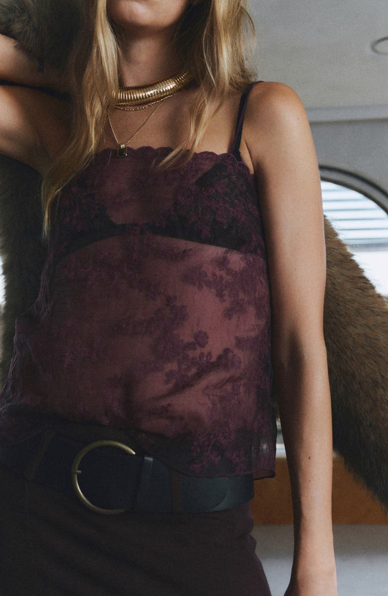 MANGO Embroidered Sheer Camisole, Alternate, color, Burgundy