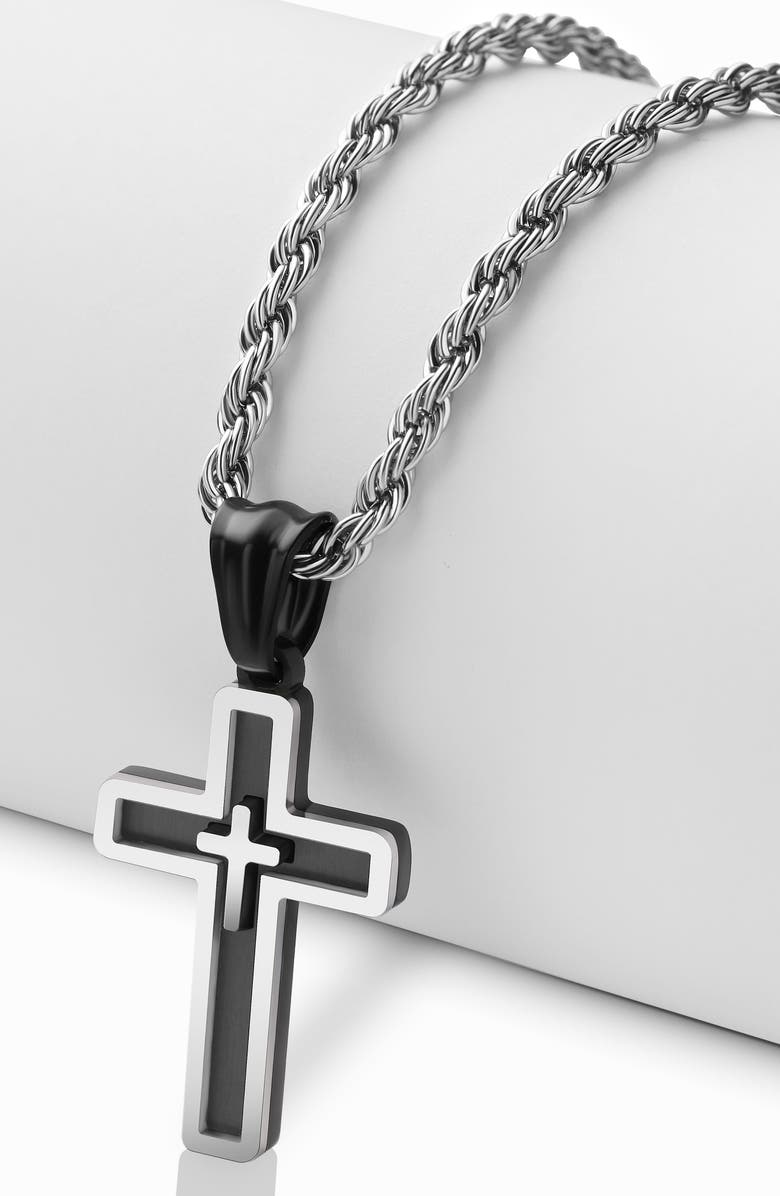 EDFORCE Men's Double Cross Pendant Necklace, Alternate, color, Silver/ Black