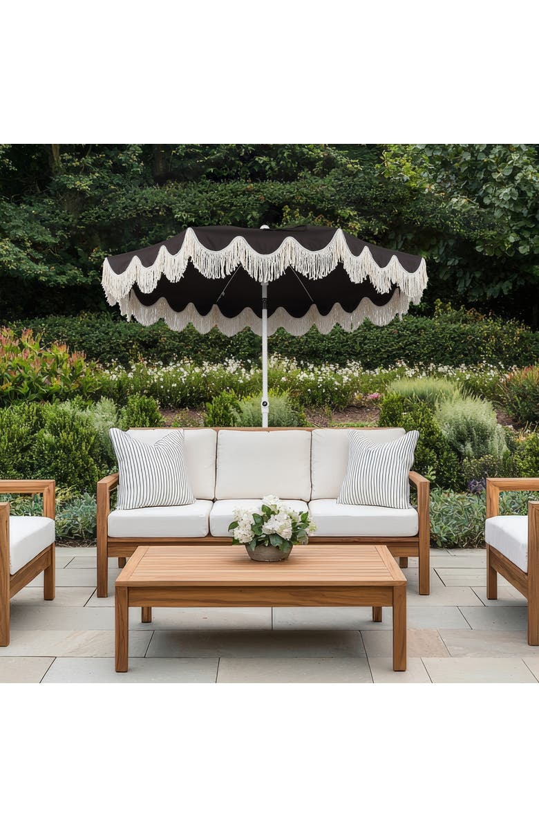 JONATHAN Y Mariner 6.5 ft. Classic Cottage Fringe Tassel Market Beach Umbrella with Push Button Tilt, Alternate, color, Black - White Pole