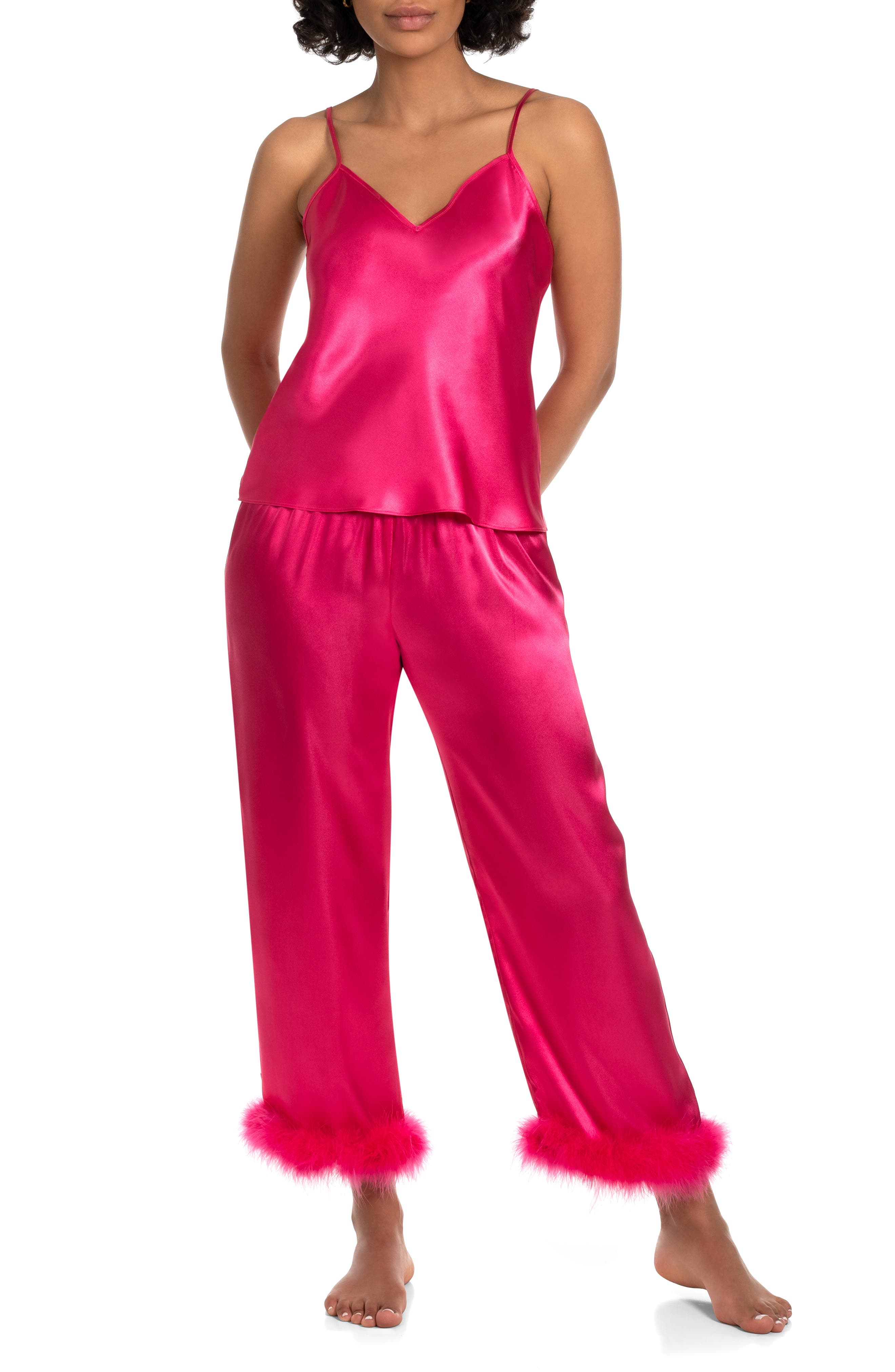 In Bloom by Jonquil Hollie Feather Trim Satin Pajamas in Bright Rose 