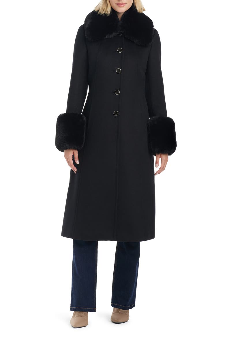 Wool Blend Coat with Removable Faux Fur Collar and Cuffs, Alternate, color, BLACK