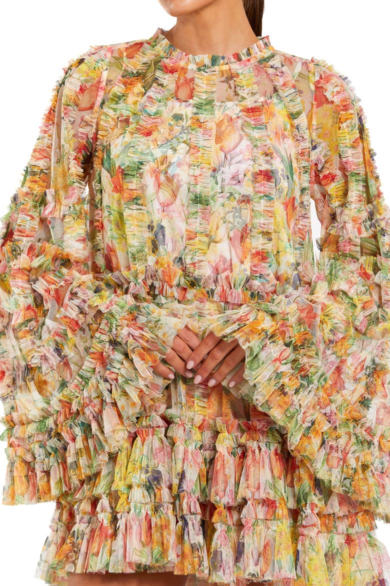 Floral Ruffled Flare Long Sleeve Tiered Mini Dress, Alternate, color, Ivory Multi