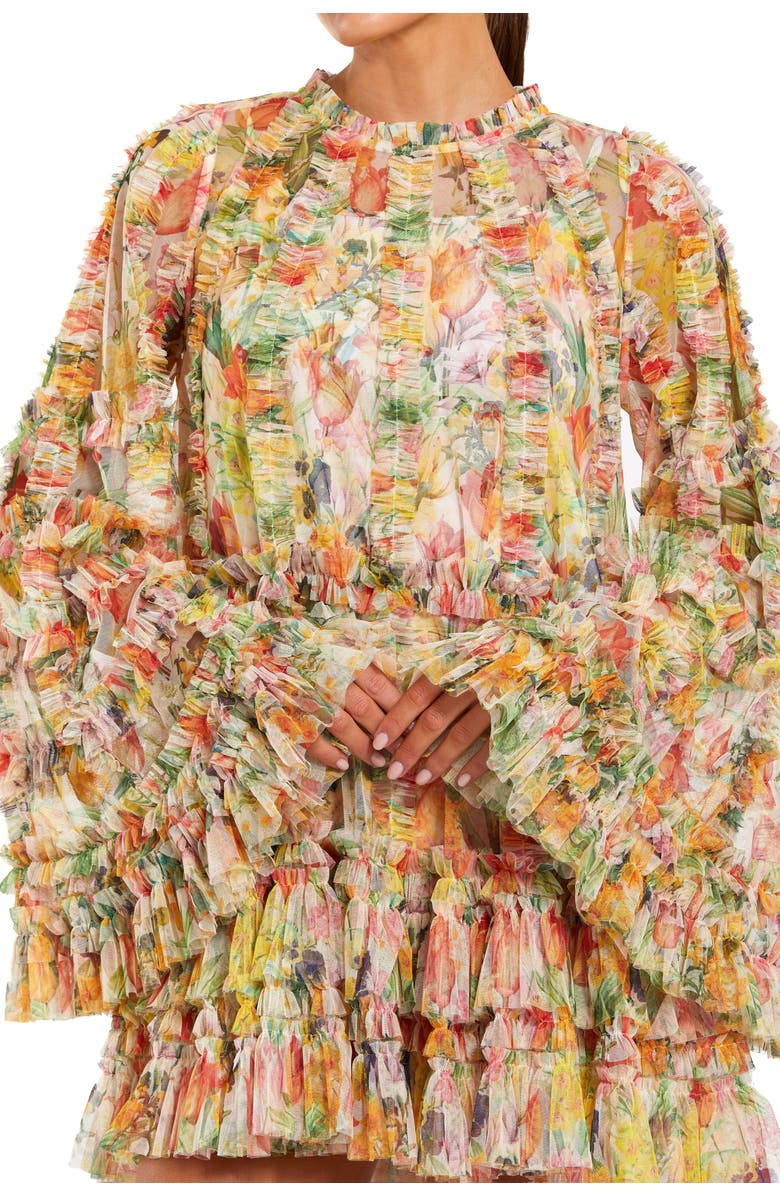 Mac Duggal Printed Mesh Ruffle High Neck Mini Dress, Alternate, color, Ivory Multi