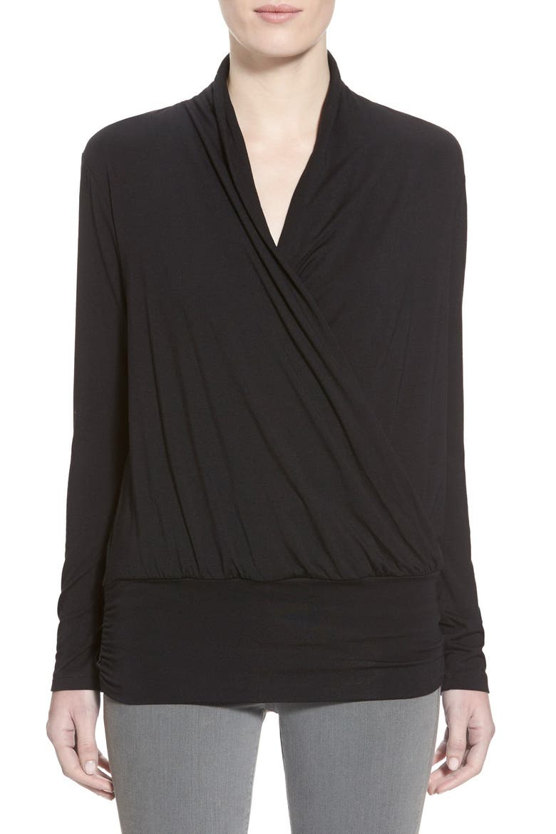'Angela' Long Sleeve Wrap Front Top, Main, color, BLACK