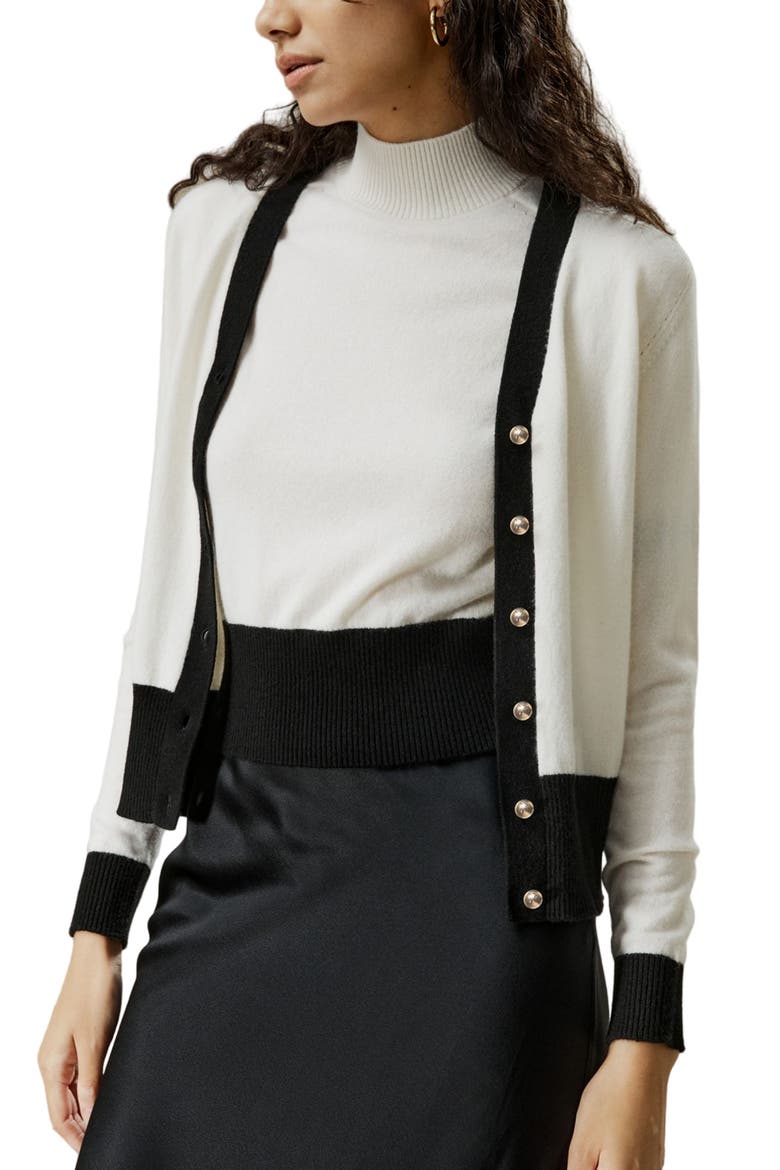 Gemini Cashmere Cardigan with Contrasting Hem, Main, color, White